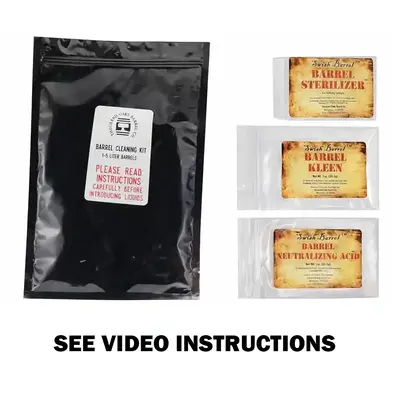 Barrel cleaning kit for 10-20 liter oak barrels including sterilizer tablets, barrel cleaner, and neutralizing acid packets displayed with main resealable pouch.