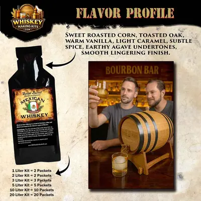 exican Corn Whiskey flavor profile highlighting roasted corn sweetness, toasted oak, vanilla, subtle spice and earthy agave undertones