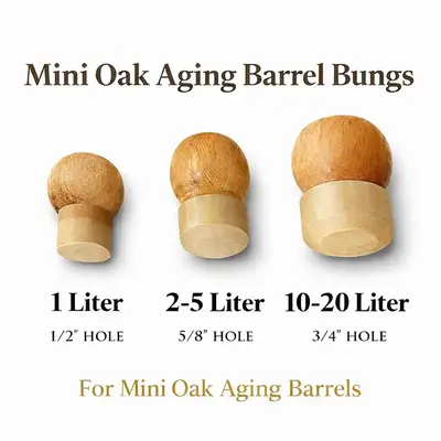 Mini oak aging barrel bungs for 1 liter, 2–5 liter, and 10–20 liter barrels showing stopper sizes with 1/2 inch, 5/8 inch, and 3/4 inch holes for small oak aging barrels.