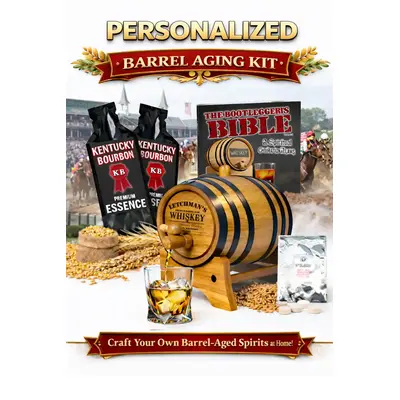 Personalized whiskey making kit with custom engraved oak barrel, whiskey essence packets, and DIY whiskey barrel aging setup.