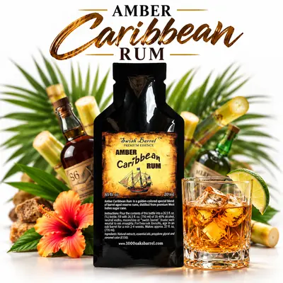 Amber Caribbean Rum Essence pouch by Swish Barrel with sugarcane, tropical leaves, rum bottles, hibiscus flower, and a glass of amber rum over ice.