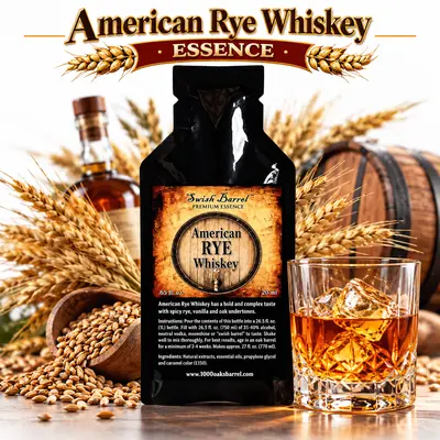 merican Rye Whiskey Essence pouch by Swish Barrel with rye grain, whiskey barrel and bottle, alongside a crystal glass of amber rye whiskey over ice.
