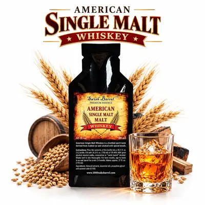 American Single Malt Whiskey Essence pouch by Swish Barrel with malted grain, oak barrel and wood, alongside a crystal glass of amber whiskey over ice.