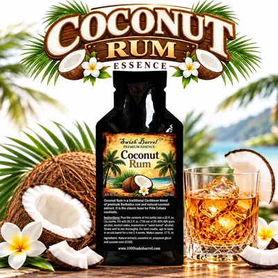 Coconut Rum Essence pouch by Swish Barrel with fresh coconuts, tropical palm leaves and flowers, alongside a crystal glass of amber rum over ice with a coconut garnish.
