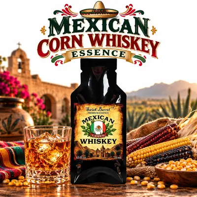 Mexican Corn Whiskey Essence packet with a glass of whiskey, colorful heirloom corn, and a warm Mexican hacienda and agave landscape in the background.