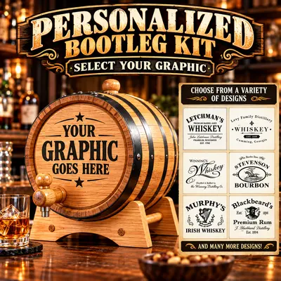 Personalized Bootleg whiskey making kit with American oak barrel and selection of customizable whiskey, bourbon, Irish whiskey and rum graphic designs.