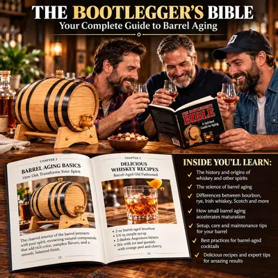 The Bootlegger's Bible whiskey barrel aging guide featuring setup instructions, oak aging techniques, whiskey recipes and tasting tips alongside a small oak barrel.