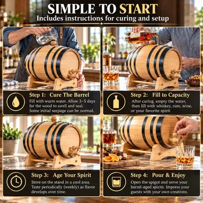 Four-step guide to using a small oak whiskey aging barrel, showing how to cure the barrel with water, fill with spirits, age and pour your whiskey.