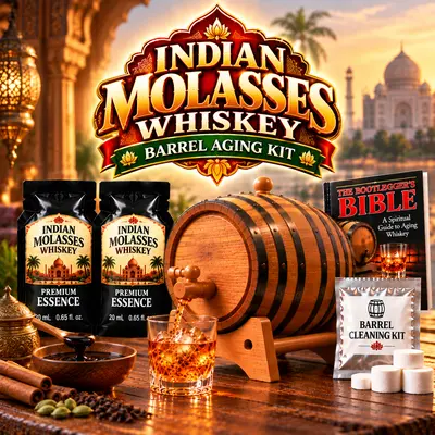 Indian Molasses Whiskey Barrel Aging Kit with oak barrel, premium whiskey essence, Bootlegger’s Bible, cleaning kit and aging glass.