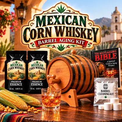 Mexican Corn Whiskey barrel aging kit with American oak barrel, whiskey essence packets, glass of whiskey on ice and cultural heritage backdrop