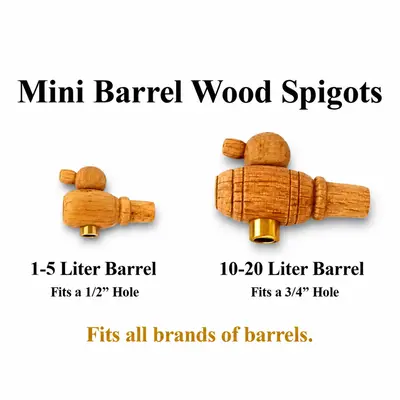 Mini oak barrel wood spigots for aging barrels showing two sizes including 1-5 liter barrel spigot and 10-20 liter barrel spigot designed for whiskey, bourbon, rum, and cocktail aging barrels.