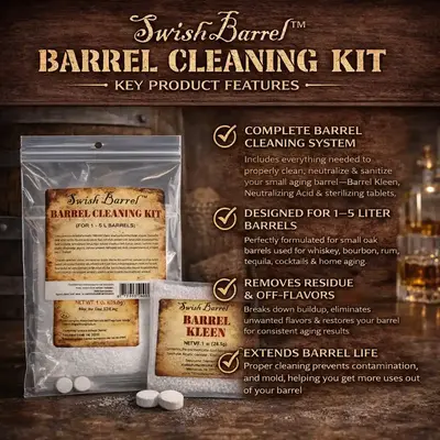 Swish Barrel Cleaning Kit key features showing complete oak barrel cleaning system that removes residue and off flavors and extends barrel life for small aging barrels