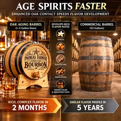Small personalized American white oak bourbon barrel compared with a traditional 53-gallon distillery barrel, illustrating faster oak flavor extraction and notes of vanilla, caramel, toasted oak, and spice.