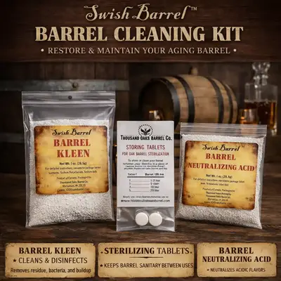 Swish Barrel Cleaning Kit with barrel kleen, neutralizing acid and sterilizing tablets for cleaning and maintaining small oak barrels used for whiskey and wine aging