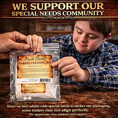 Swish Barrel Cleaning Kit packaging being labeled by worker with special needs highlighting brand support and hand-applied product labeling process