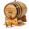Personalized classic whiskey mini oak aging barrel made from American white oak with custom engraved name and spigot pouring bourbon.