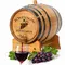 Personalized vineyard grapes engraved mini oak aging barrel with wine pouring into glass.