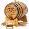 Personalized mini oak whiskey aging barrel made from American white oak with rye and wheat grains and whiskey pouring into glass
