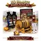 XO brandy barrel aging kit with American oak barrel, premium brandy essence packets, glass of brandy on ice and complete home aging system